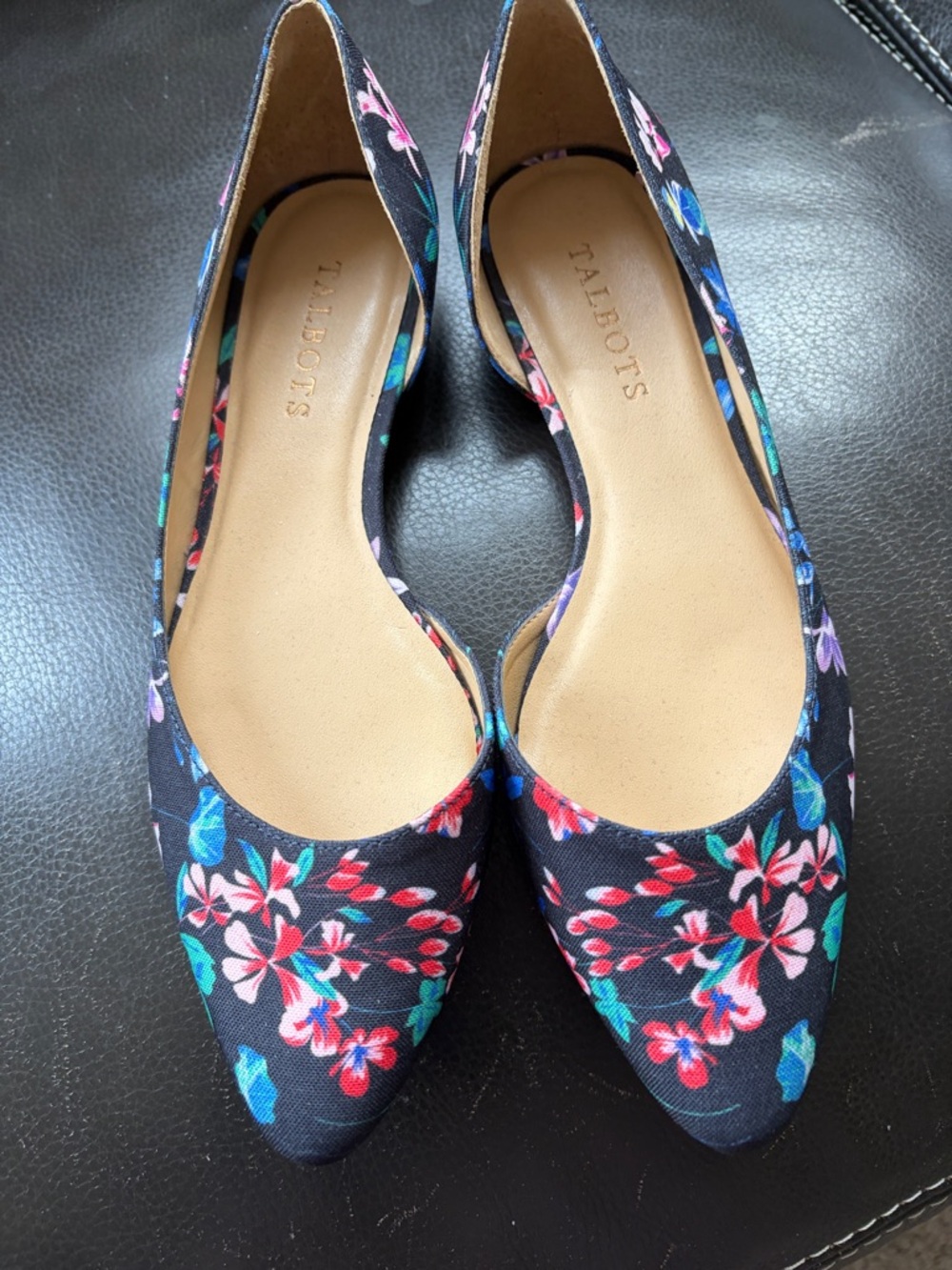 Talbots Black Floral Pointed-Toe Ballet Flats with Multicolor Blooms